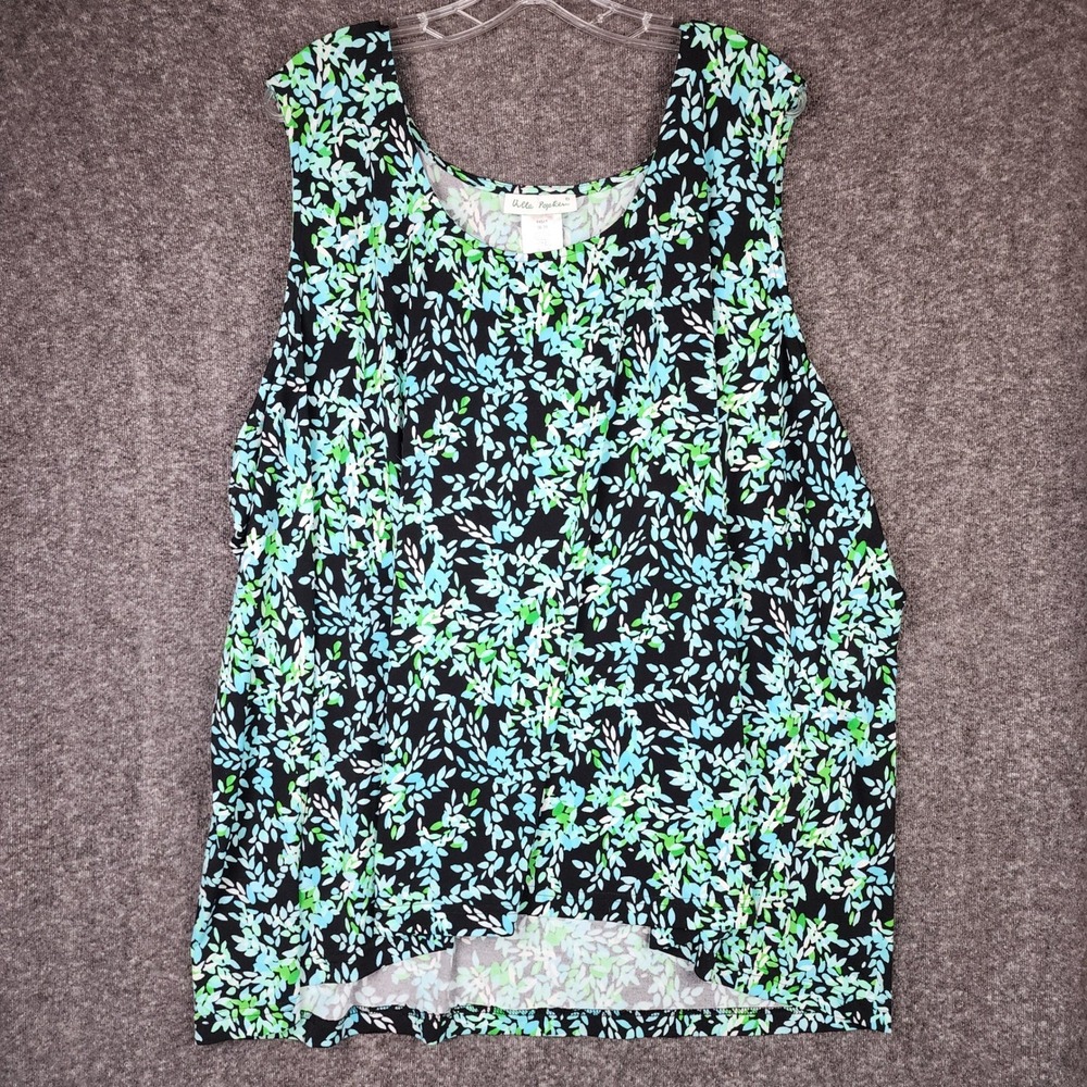 Ulla Popken Sleeveless Top Womens 36/38 Teal Green Leaf Print Relaxed 94568